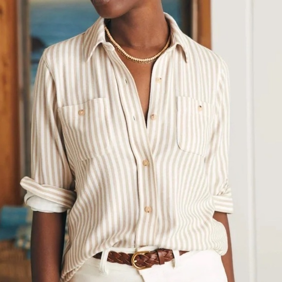 Faherty Tops - Faherty | Legend Sweater Shirt Tannin Stripe Beachy Coastal Contemporary